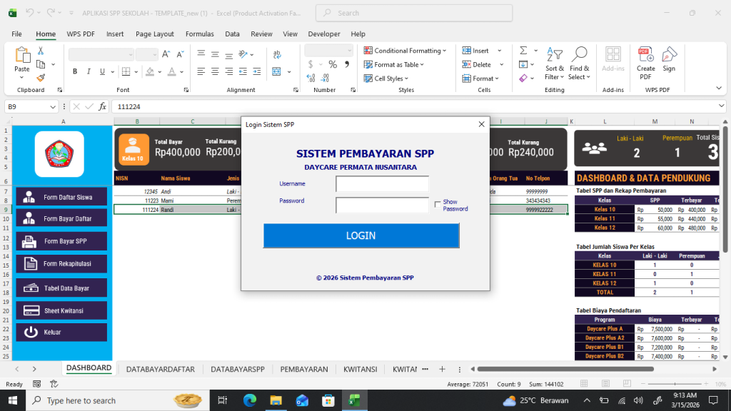 login aplikasi pembayaran spp excel vba